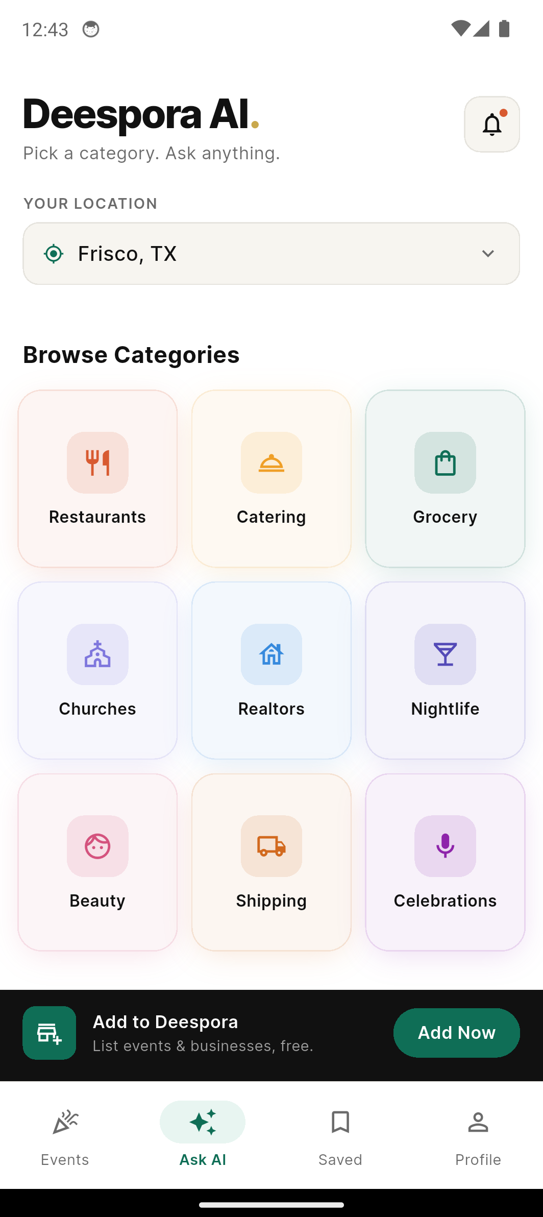 Deespora app home screen
